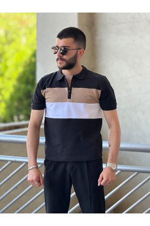 Slimfit Kesim Erkek Polo Yaka Fermuarlı Serit Desen Lacos Kumas Tshirt-SİYAH