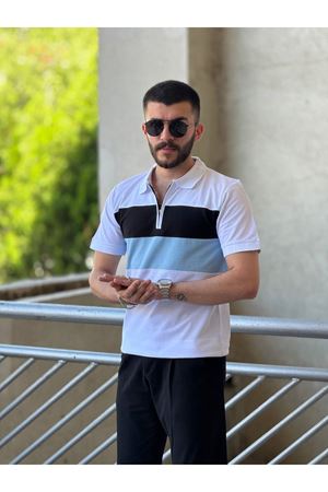 Slimfit Kesim Erkek Polo Yaka Fermuarlı Serit Desen Lacos Kumas Tshirt-BEYAZ