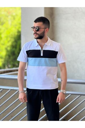 Slimfit Kesim Erkek Polo Yaka Fermuarlı Serit Desen Lacos Kumas Tshirt-BEYAZ