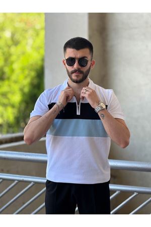 Slimfit Kesim Erkek Polo Yaka Fermuarlı Serit Desen Lacos Kumas Tshirt-BEYAZ