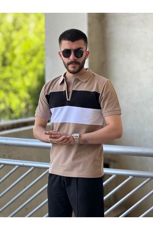 Slimfit Kesim Erkek Polo Yaka Fermuarlı Serit Desen Lacos Kumas Tshirt-KAHVE