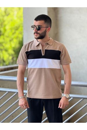 Slimfit Kesim Erkek Polo Yaka Fermuarlı Serit Desen Lacos Kumas Tshirt-KAHVE