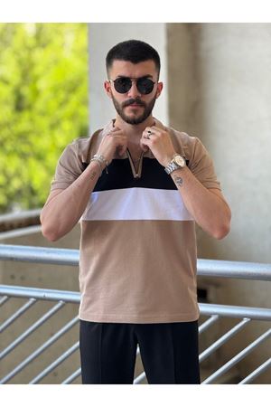 Slimfit Kesim Erkek Polo Yaka Fermuarlı Serit Desen Lacos Kumas Tshirt-KAHVE