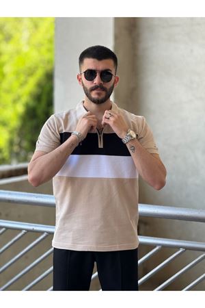 Slimfit Kesim Erkek Polo Yaka Fermuarlı Serit Desen Lacos Kumas Tshirt-BEJ