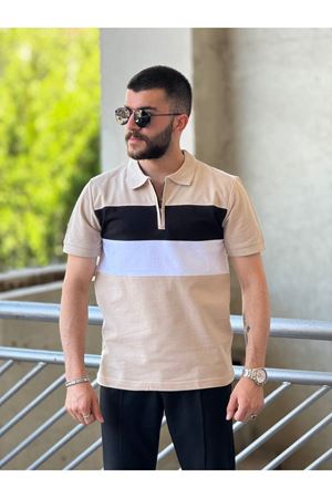 Slimfit Kesim Erkek Polo Yaka Fermuarlı Serit Desen Lacos Kumas Tshirt-BEJ