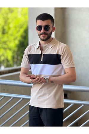 Slimfit Kesim Erkek Polo Yaka Fermuarlı Serit Desen Lacos Kumas Tshirt-BEJ