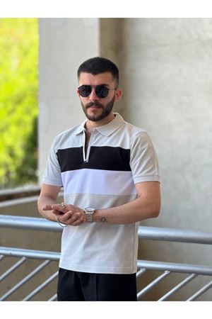 Slimfit Kesim Erkek Polo Yaka Fermuarlı Serit Desen Lacos Kumas Tshirt-GRİ