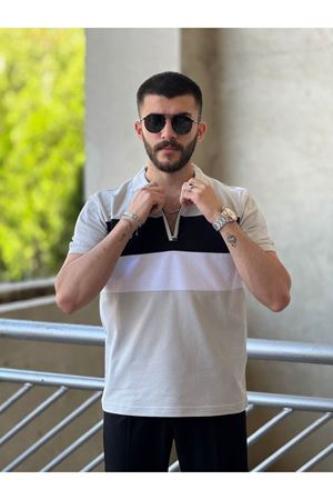 Slimfit Kesim Erkek Polo Yaka Fermuarlı Serit Desen Lacos Kumas Tshirt-GRİ