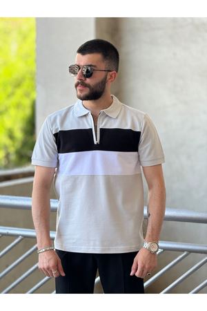 Slimfit Kesim Erkek Polo Yaka Fermuarlı Serit Desen Lacos Kumas Tshirt-GRİ
