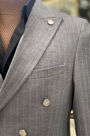 Slimfit Kesim Erkek Kruvaze Cizgili Takım Elbise-GRİ