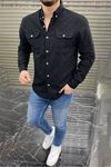 Regular Kesim Erkek Cift Cepli Gabardin Gomlek-SİYAH