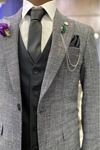 Slimfit Kesim Erkek Desenli Yelekli Takim Elbise-GRİ