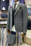 Slimfit Kesim Erkek Desenli Yelekli Takim Elbise-GRİ