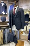Slimfit Kesim Kus Gözü Desen Erkek Yelekli Takim Elbise-LACİVERT
