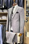 Slimfit Kesim Kumas Desenli Erkek Yelekli Takim Elbise-GRİ