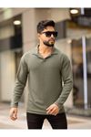 Slimfit Kesim Erkek Yakalı Uzun Kollu Sweatshirt-HAKİ