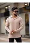 Slimfit Kesim Erkek Yakalı Uzun Kollu Sweatshirt-KREM