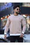 Slimfit Kesim Erkek Sıfır Yaka Kol Ribanalı Duz Desen Sweatshirt-KREM