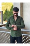 Slimfit Kesim Erkek Kadife Kumas Cift Cepli Gömlek-HAKİ