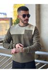 2426-Slimfit Kesim Erkek Selanik Örgü Parcalı Sıfır Yaka Sweatshirt-YEŞİL