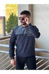 2426-Slimfit Kesim Erkek Selanik Örgü Parcalı Sıfır Yaka Sweatshirt-INDIGO