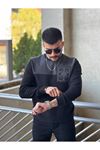 2426-Slimfit Kesim Erkek Selanik Örgü Parcalı Sıfır Yaka Sweatshirt-FÜME