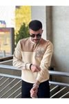 2426-Slimfit Kesim Erkek Selanik Örgü Parcalı Sıfır Yaka Sweatshirt-KIREMIT