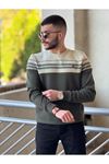 2424-Slimfit Kesim Erkek Selanik Örgü Parcalı Sıfır Yaka Sweatshirt-YEŞİL