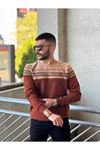 2424-Slimfit Kesim Erkek Selanik Örgü Parcalı Sıfır Yaka Sweatshirt-KIREMIT