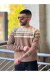 2424-Slimfit Kesim Erkek Selanik Örgü Parcalı Sıfır Yaka Sweatshirt-KAHVE