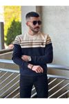 2424-Slimfit Kesim Erkek Selanik Örgü Parcalı Sıfır Yaka Sweatshirt-LACİVERT