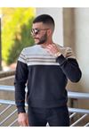 2424-Slimfit Kesim Erkek Selanik Örgü Parcalı Sıfır Yaka Sweatshirt-GRİ