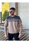 2424-Slimfit Kesim Erkek Selanik Örgü Parcalı Sıfır Yaka Sweatshirt-KREM