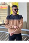 2423-Slimfit Kesim Erkek Selanik Örgü Parcalı Sıfır Yaka Sweatshirt-KAHVE