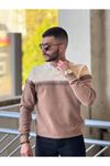 2423-Slimfit Kesim Erkek Selanik Örgü Parcalı Sıfır Yaka Sweatshirt-KREM