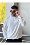 2425-Slimfit Kesim Erkek Düz Desen Selanik Örgü Sıfır Yaka Sweatshirt-BEYAZ