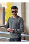 2425-Slimfit Kesim Erkek Düz Desen Selanik Örgü Sıfır Yaka Sweatshirt-YEŞİL