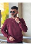 2425-Slimfit Kesim Erkek Düz Desen Selanik Örgü Sıfır Yaka Sweatshirt-BORDO