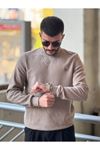 2425-Slimfit Kesim Erkek Düz Desen Selanik Örgü Sıfır Yaka Sweatshirt-VİZON