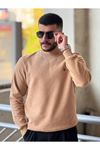 2425-Slimfit Kesim Erkek Düz Desen Selanik Örgü Sıfır Yaka Sweatshirt-KAHVE