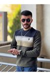 2421-Slimfit Kesim Erkek Selanik Örgü Parcalı Sıfır Yaka Sweatshirt-YEŞİL