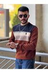 2421-Slimfit Kesim Erkek Selanik Örgü Parcalı Sıfır Yaka Sweatshirt-LACİVERT