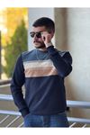 2421-Slimfit Kesim Erkek Selanik Örgü Parcalı Sıfır Yaka Sweatshirt-INDIGO