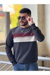 2421-Slimfit Kesim Erkek Selanik Örgü Parcalı Sıfır Yaka Sweatshirt-FÜME