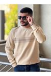 2427-Slimfit Kesim Erkek Selanik Örgü Parcalı Sıfır Yaka Sweatshirt-KREM