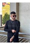 2427-Slimfit Kesim Erkek Selanik Örgü Parcalı Sıfır Yaka Sweatshirt-SİYAH