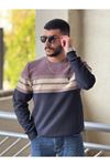 2422-Slimfit Kesim Erkek Selanik Örgü Parçalı Sıfır Yaka Sweatshirt-MOR