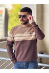 2422-Slimfit Kesim Erkek Selanik Örgü Parçalı Sıfır Yaka Sweatshirt-KAHVE