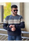 2422-Slimfit Kesim Erkek Selanik Örgü Parçalı Sıfır Yaka Sweatshirt-MAVİ