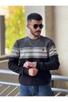 2422-Slimfit Kesim Erkek Selanik Örgü Parçalı Sıfır Yaka Sweatshirt-FÜME